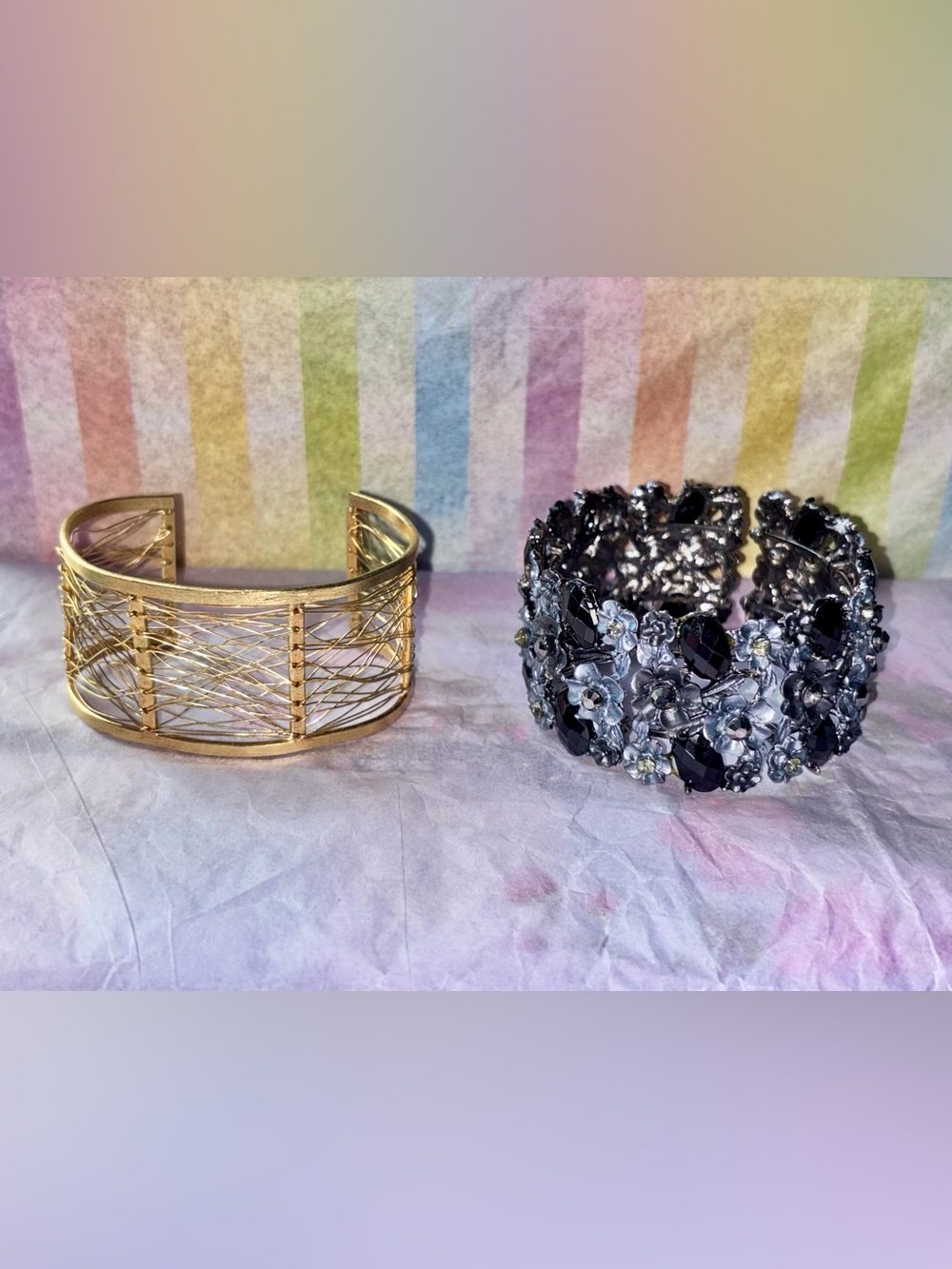 Gold Wire and Floral open cuff bracelets